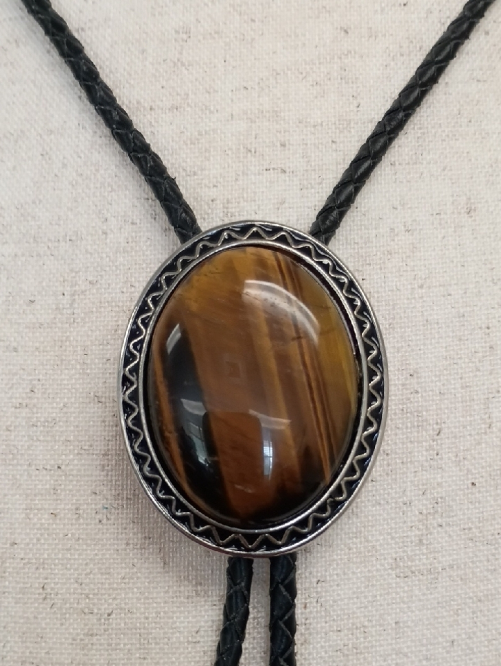 Western Bolo Tie Necklace Brown Cabochon Pendant Black Cord Vintage Style - Picture 2 of 11